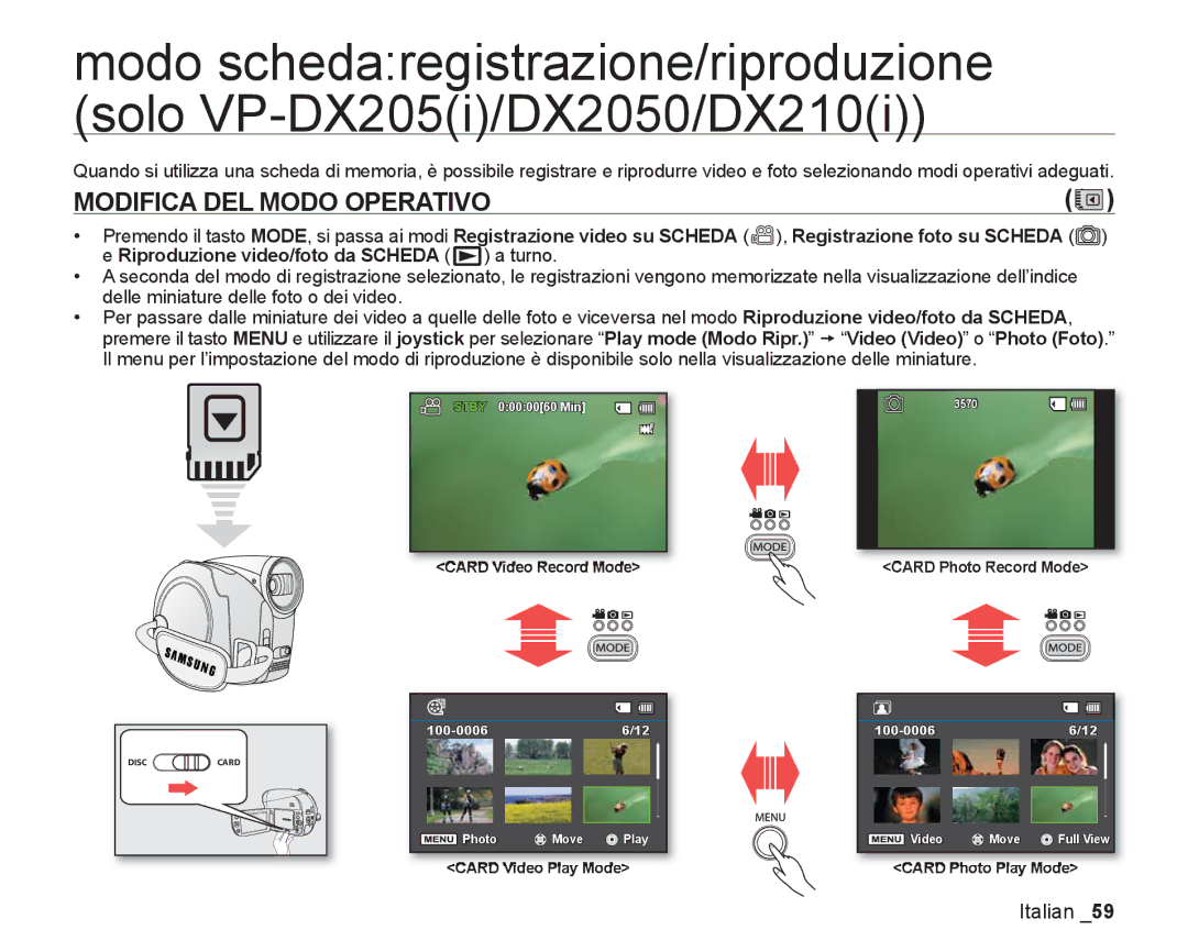 Samsung VP-DX200/EDC, VP-DX205/EDC manual Modifica DEL Modo Operativo 