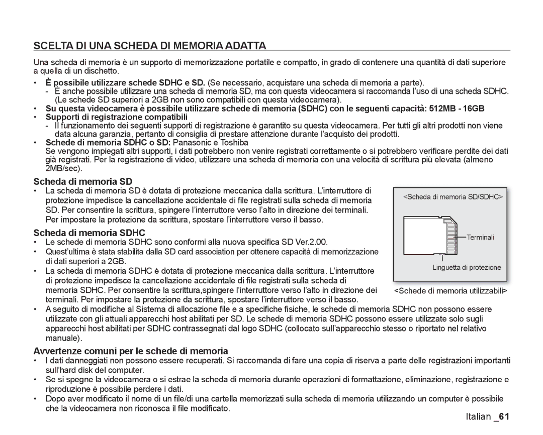 Samsung VP-DX200/EDC manual Scheda di memoria SD, Scheda di memoria Sdhc, Avvertenze comuni per le schede di memoria 