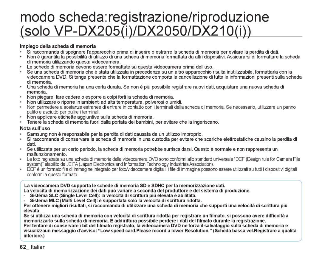 Samsung VP-DX205/EDC, VP-DX200/EDC manual Impiego della scheda di memoria, Nota sull’uso 