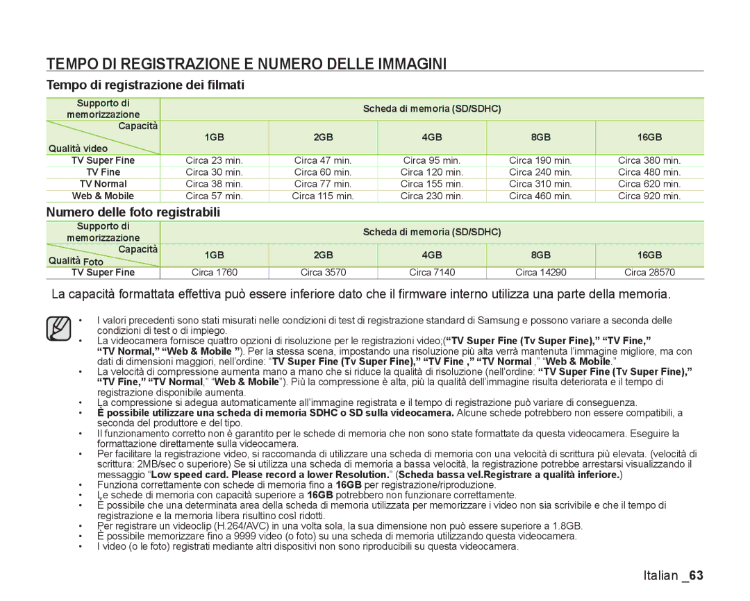 Samsung VP-DX200/EDC, VP-DX205/EDC manual Tempo DI Registrazione E Numero Delle Immagini, Tempo di registrazione dei ﬁlmati 