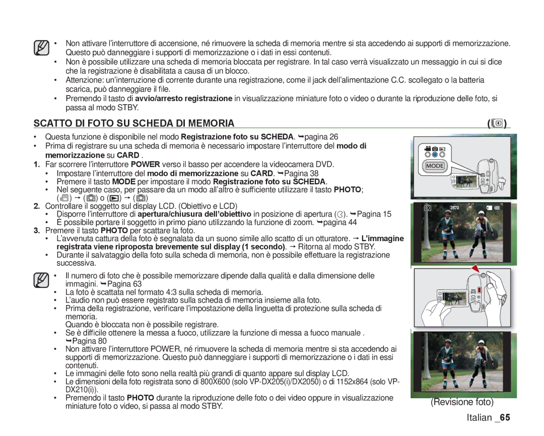 Samsung VP-DX200/EDC, VP-DX205/EDC manual Scatto DI Foto SU Scheda DI Memoria, Memorizzazione su Card 