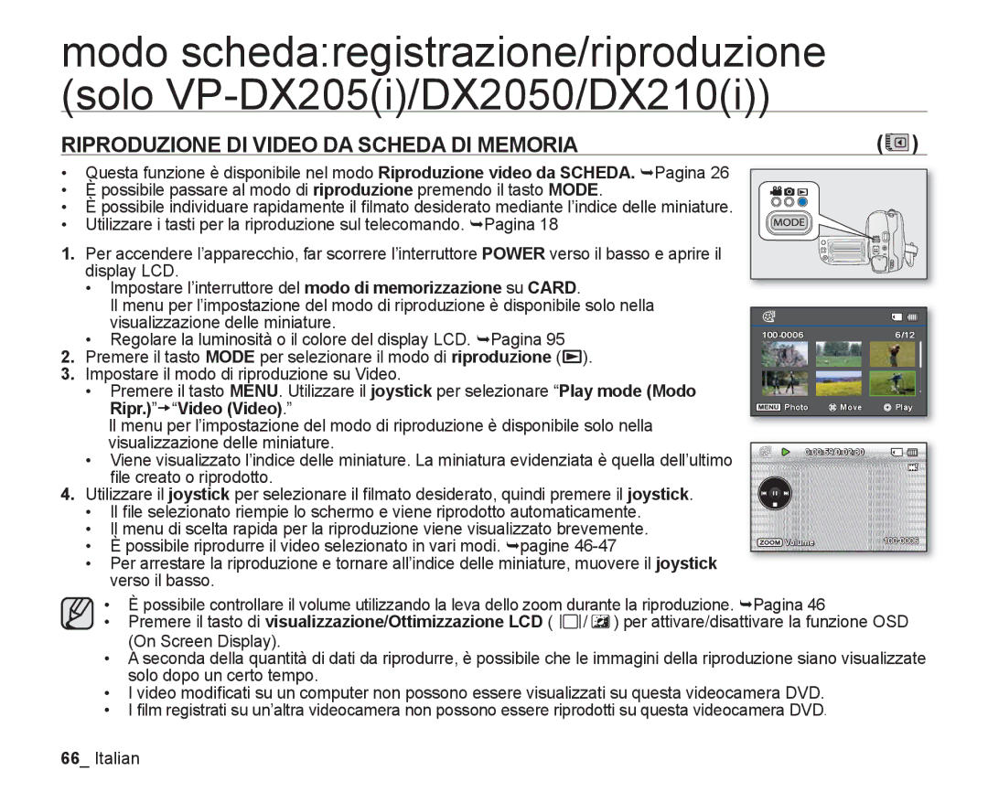 Samsung VP-DX205/EDC, VP-DX200/EDC manual Riproduzione DI Video DA Scheda DI Memoria, Ripr. t Video Video 