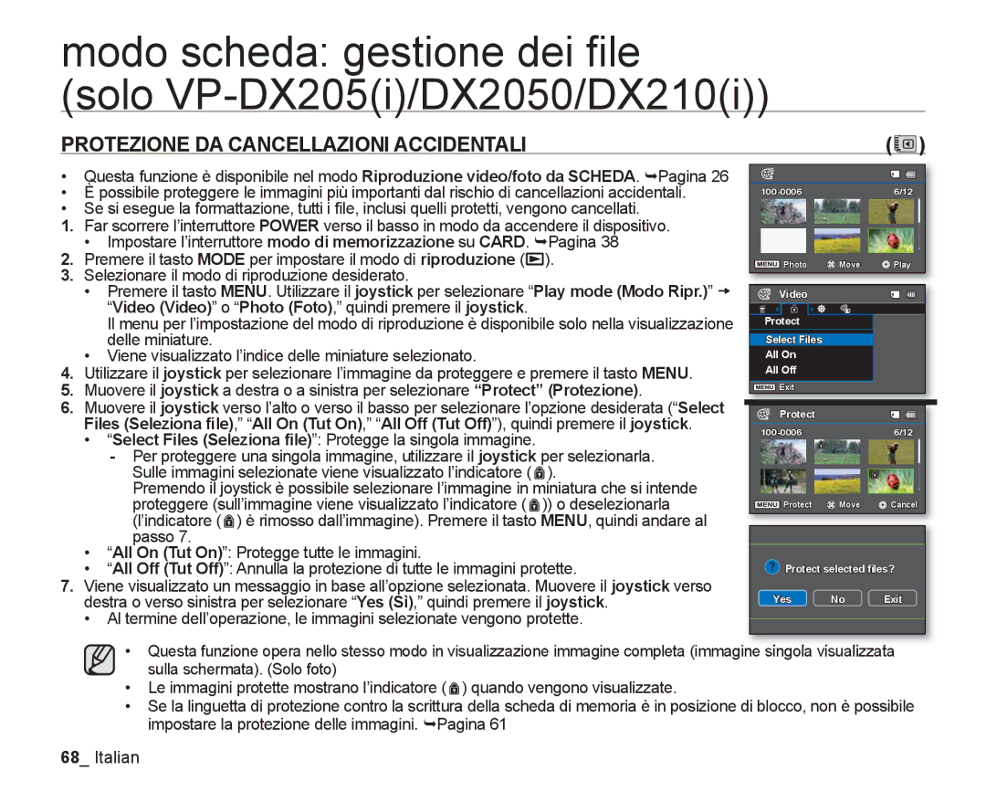 Samsung VP-DX205/EDC Modo scheda gestione dei ﬁle Solo VP-DX205i/DX2050/DX210i, Protezione DA Cancellazioni Accidentali 