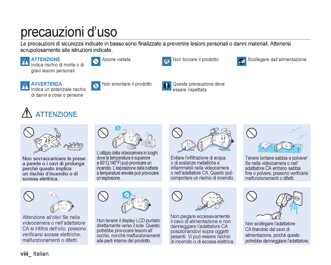 Samsung VP-DX205/EDC, VP-DX200/EDC manual Precauzioni d’uso, Viii Italian 