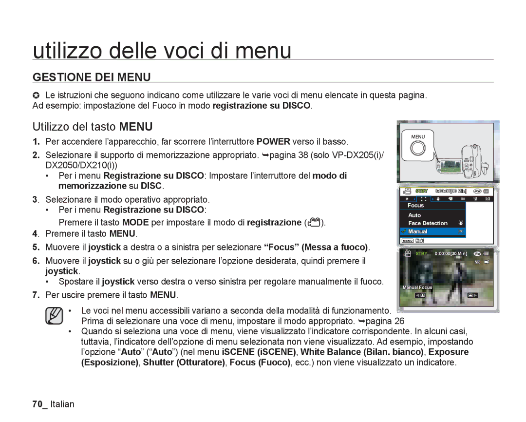 Samsung VP-DX205/EDC, VP-DX200/EDC manual Utilizzo delle voci di menu, Gestione DEI Menu, Utilizzo del tasto Menu 