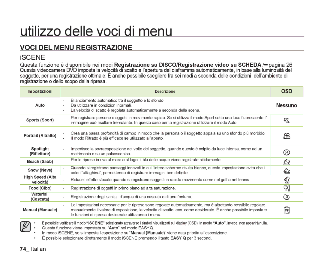 Samsung VP-DX205/EDC, VP-DX200/EDC manual Voci DEL Menu Registrazione, Iscene, Osd, Nessuno 