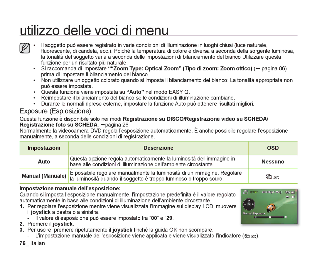 Samsung VP-DX205/EDC, VP-DX200/EDC manual Exposure Esp.osizione, Il joystick a destra o a sinistra, Manual Manuale 