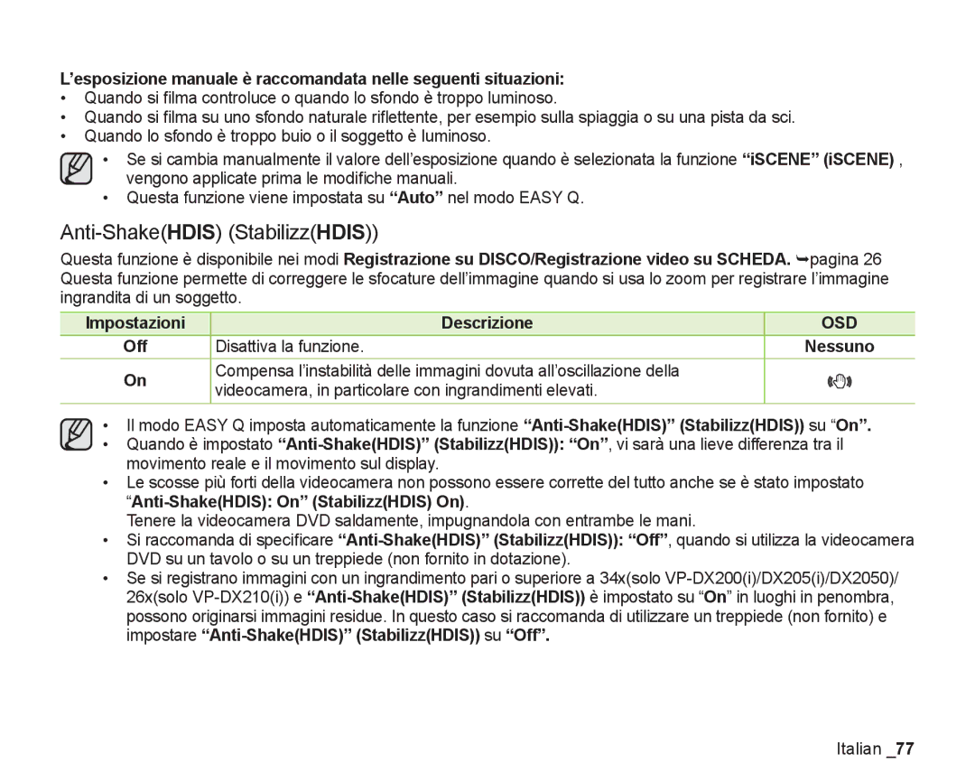 Samsung VP-DX200/EDC, VP-DX205/EDC manual Anti-ShakeHDIS StabilizzHDIS, Disattiva la funzione, Impostazioni, Off 