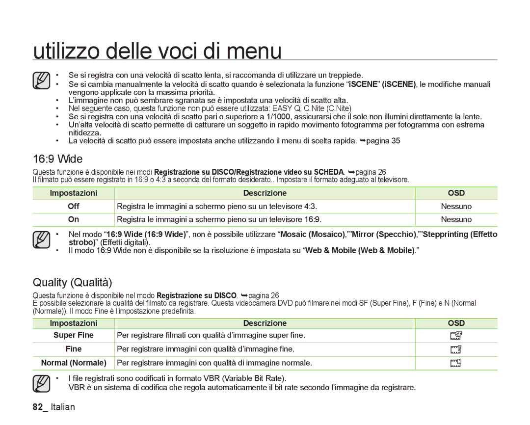 Samsung VP-DX205/EDC, VP-DX200/EDC manual Wide, Quality Qualità, Impostazioni Descrizione Off 