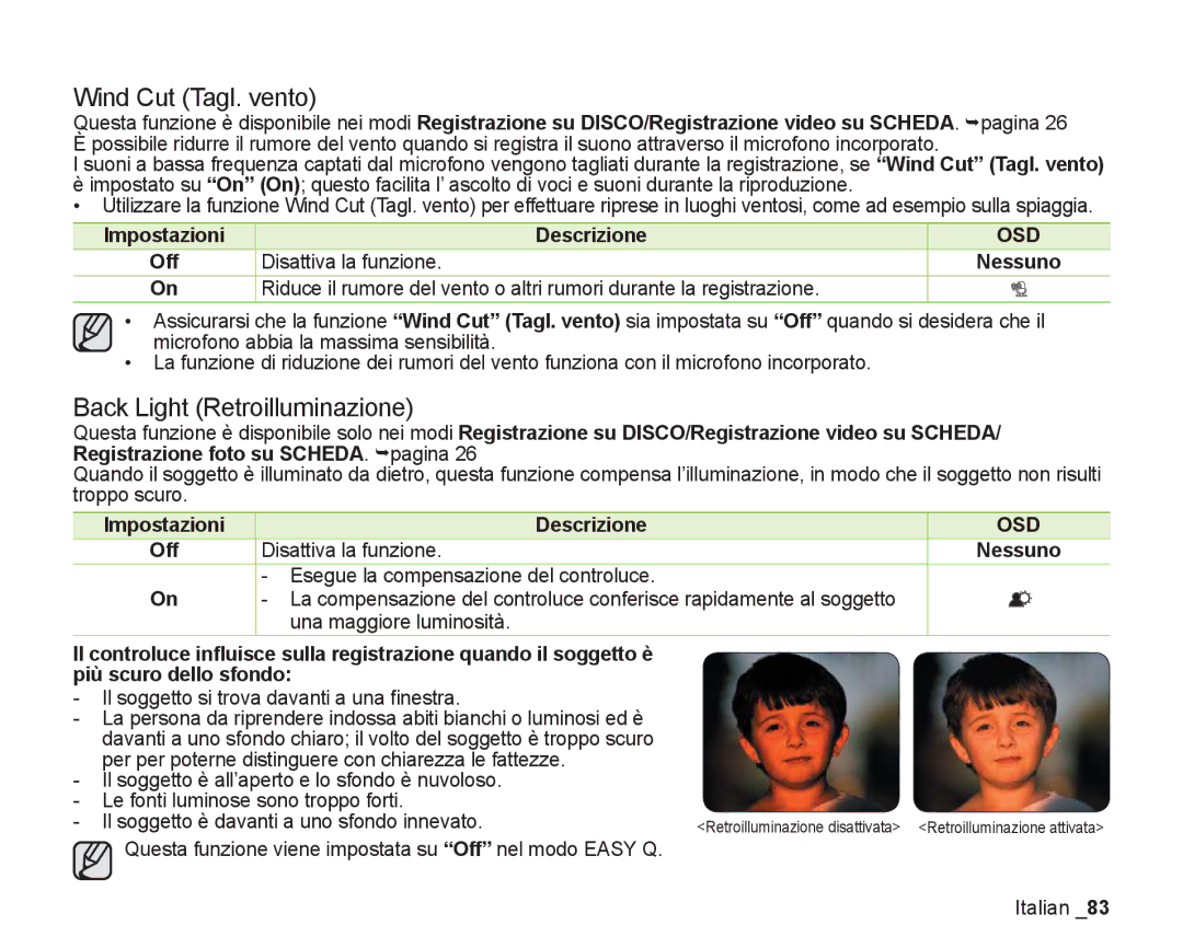 Samsung VP-DX200/EDC, VP-DX205/EDC manual Wind Cut Tagl. vento, Back Light Retroilluminazione, Disattiva la funzione 