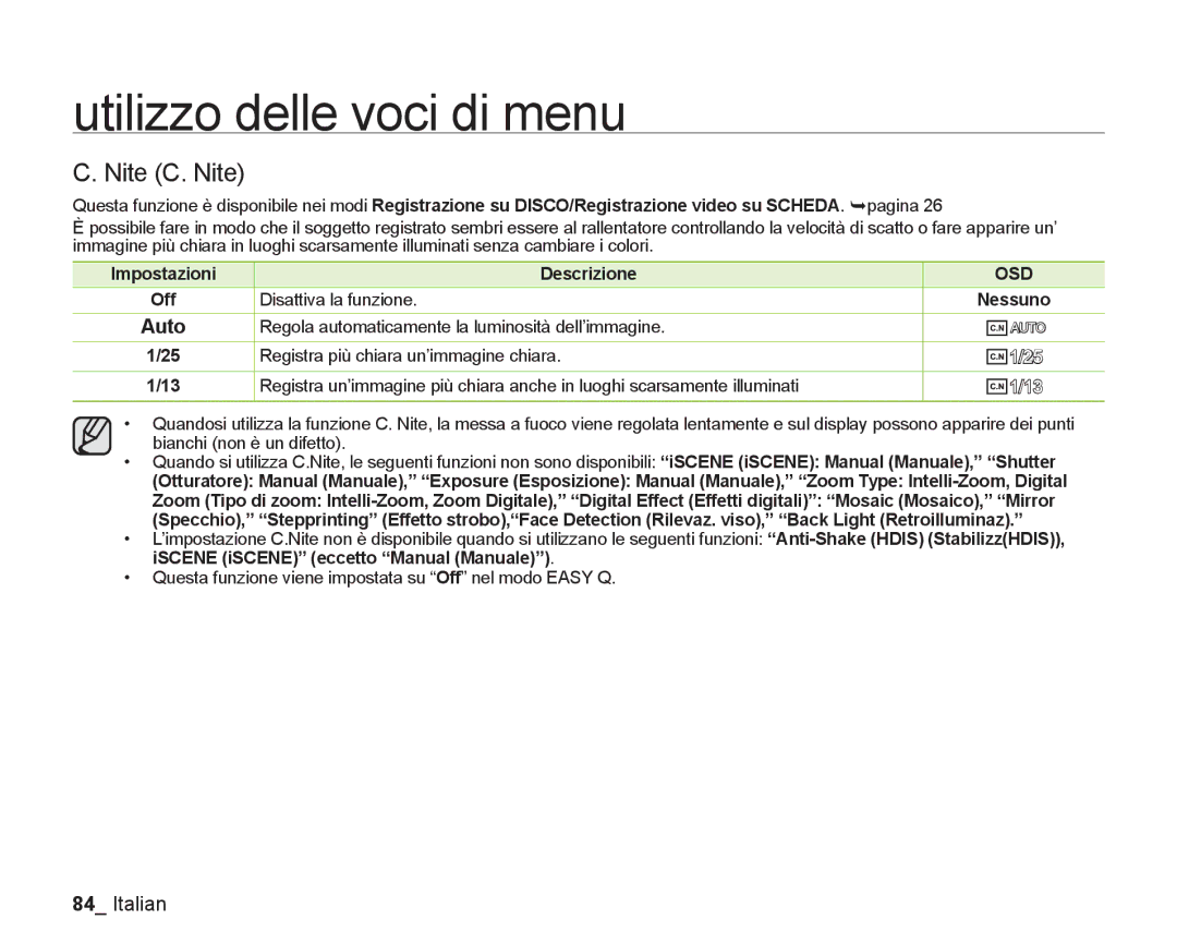 Samsung VP-DX205/EDC, VP-DX200/EDC manual Nite C. Nite, Impostazioni Descrizione 