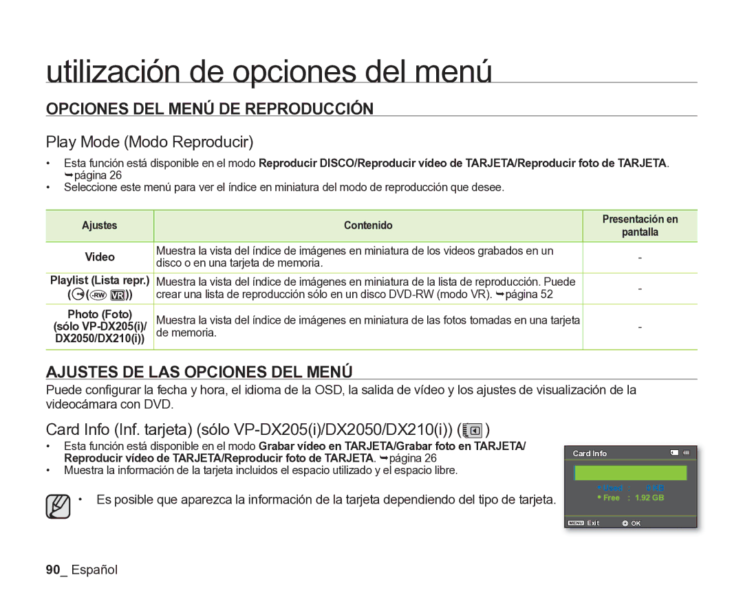 Samsung VP-DX205/EDC manual Opciones DEL Menú DE Reproducción, Play Mode Modo Reproducir, Ajustes DE LAS Opciones DEL Menú 