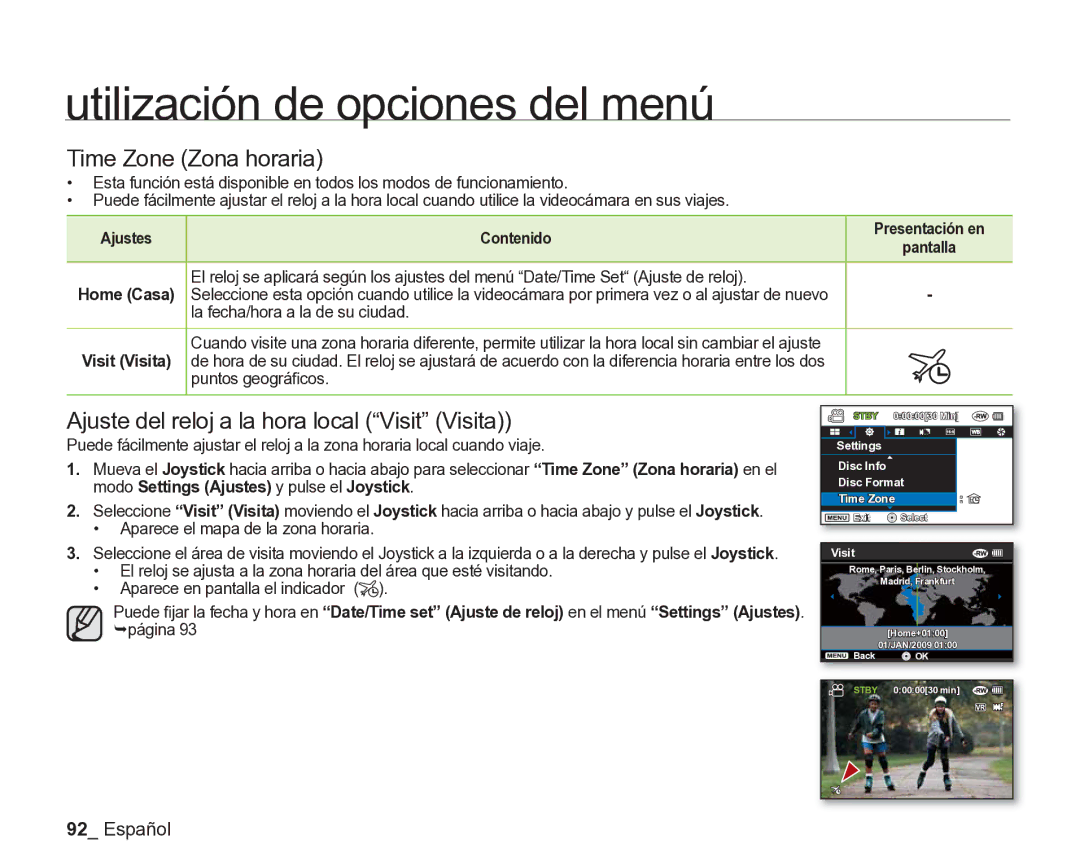 Samsung VP-DX205/EDC manual Time Zone Zona horaria, Ajuste del reloj a la hora local Visit Visita, Puntos geográﬁcos 