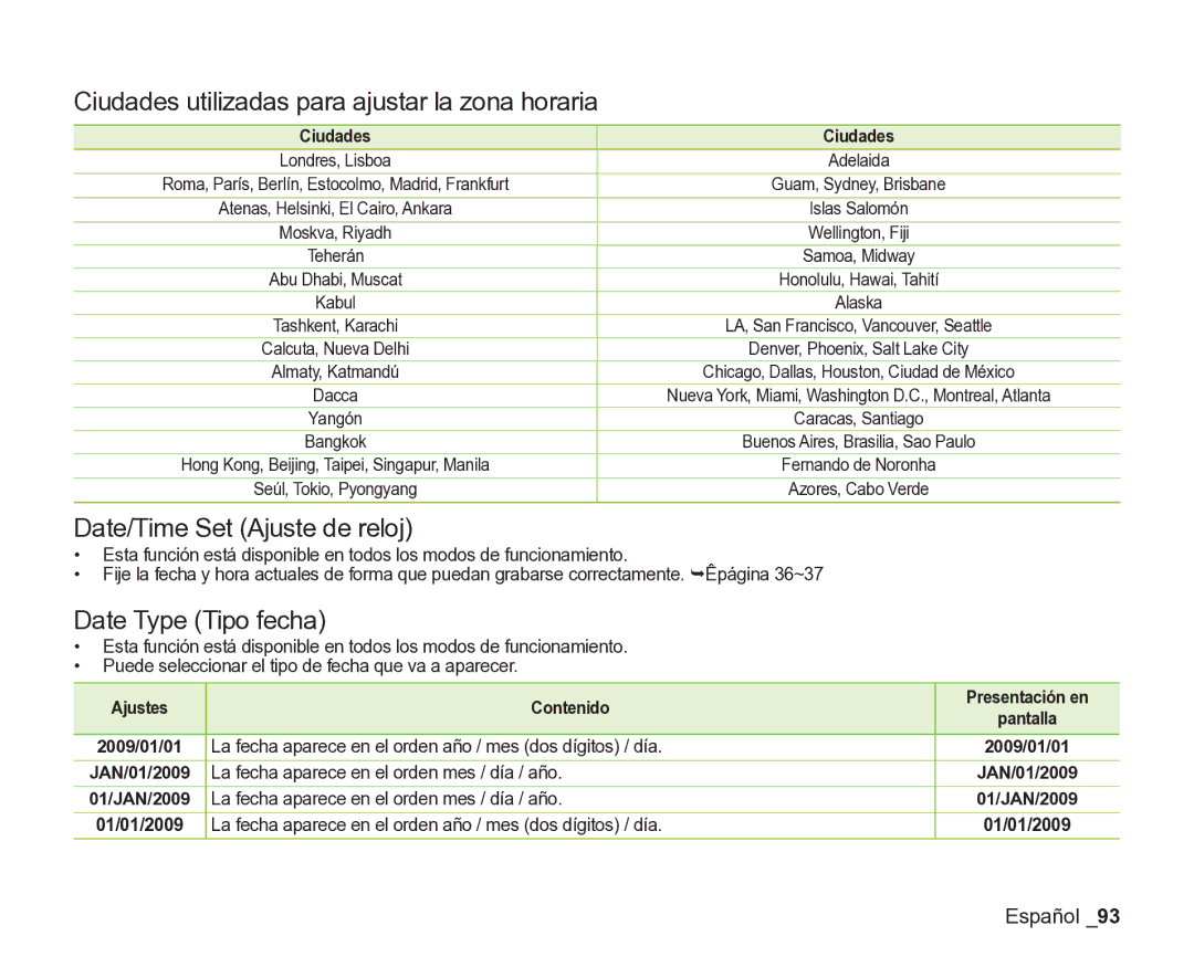 Samsung VP-DX200/EDC Ciudades utilizadas para ajustar la zona horaria, Date/Time Set Ajuste de reloj, Date Type Tipo fecha 