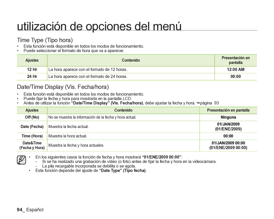 Samsung VP-DX205/EDC, VP-DX200/EDC manual Time Type Tipo hora, Date/Time Display Vis. Fecha/hora 