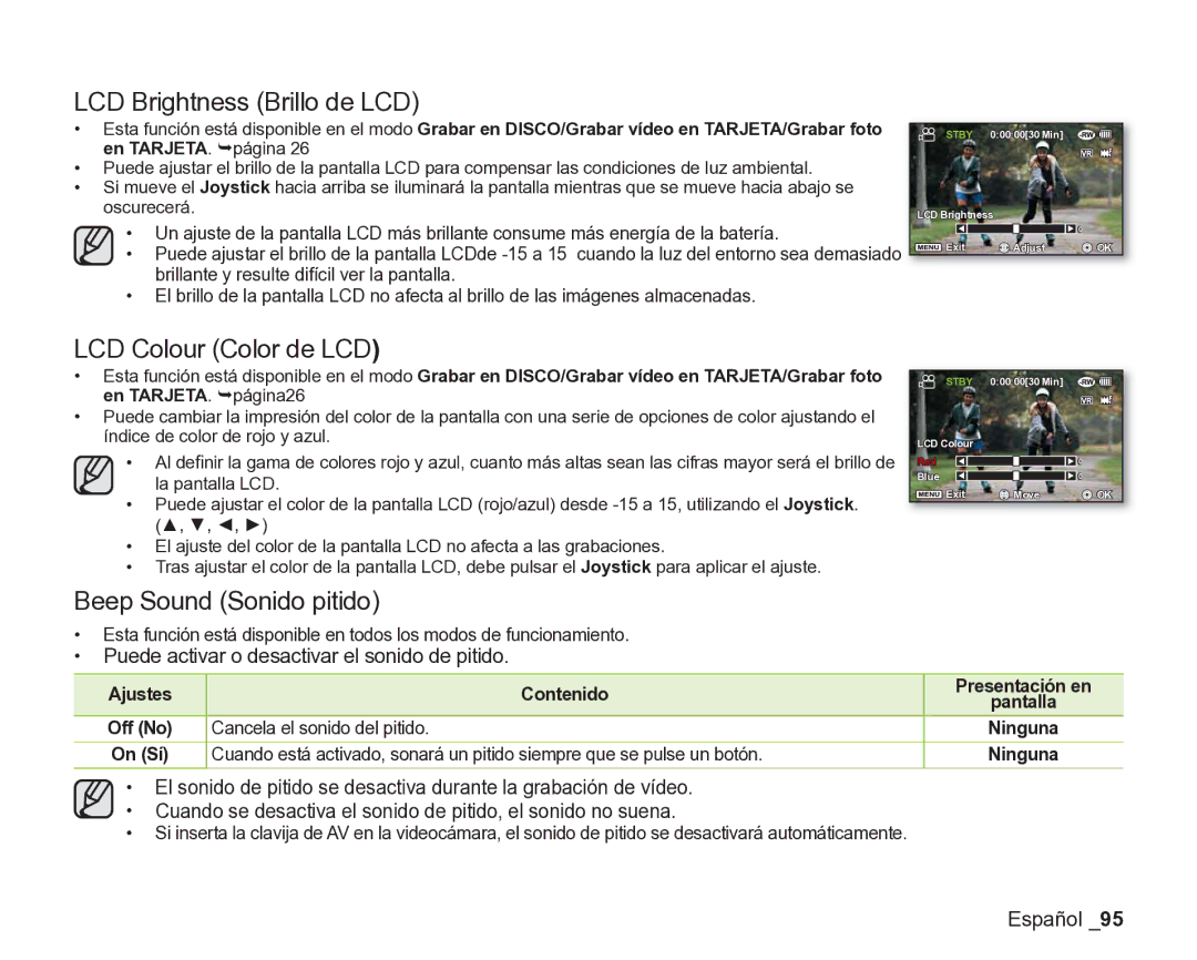 Samsung VP-DX200/EDC, VP-DX205/EDC manual LCD Brightness Brillo de LCD, LCD Colour Color de LCD, Beep Sound Sonido pitido 