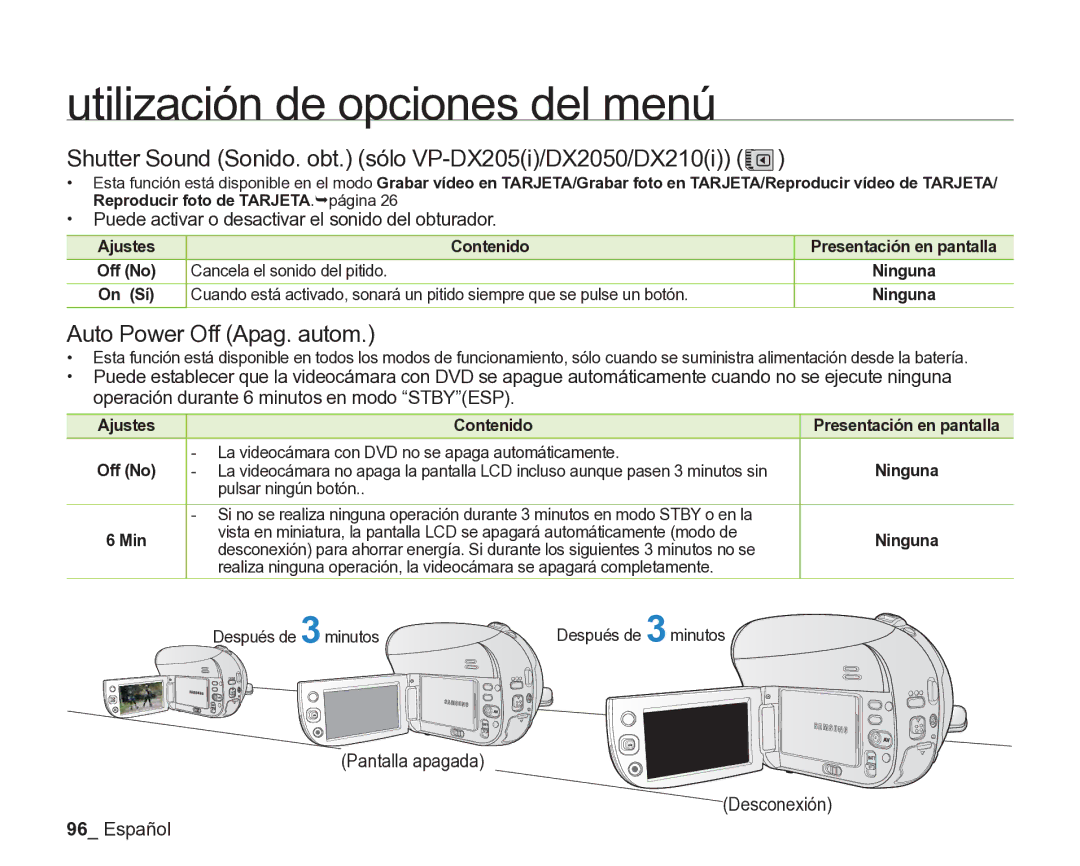 Samsung VP-DX205/EDC manual Shutter Sound Sonido. obt. sólo VP-DX205i/DX2050/DX210i, Auto Power Off Apag. autom, Min 