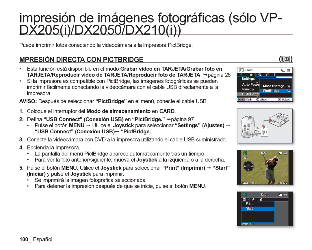 Samsung VP-DX205/EDC, VP-DX200/EDC Mpresión Directa CON Pictbridge, Deﬁna USB Connect Conexión USB en PictBridge. ¬página 