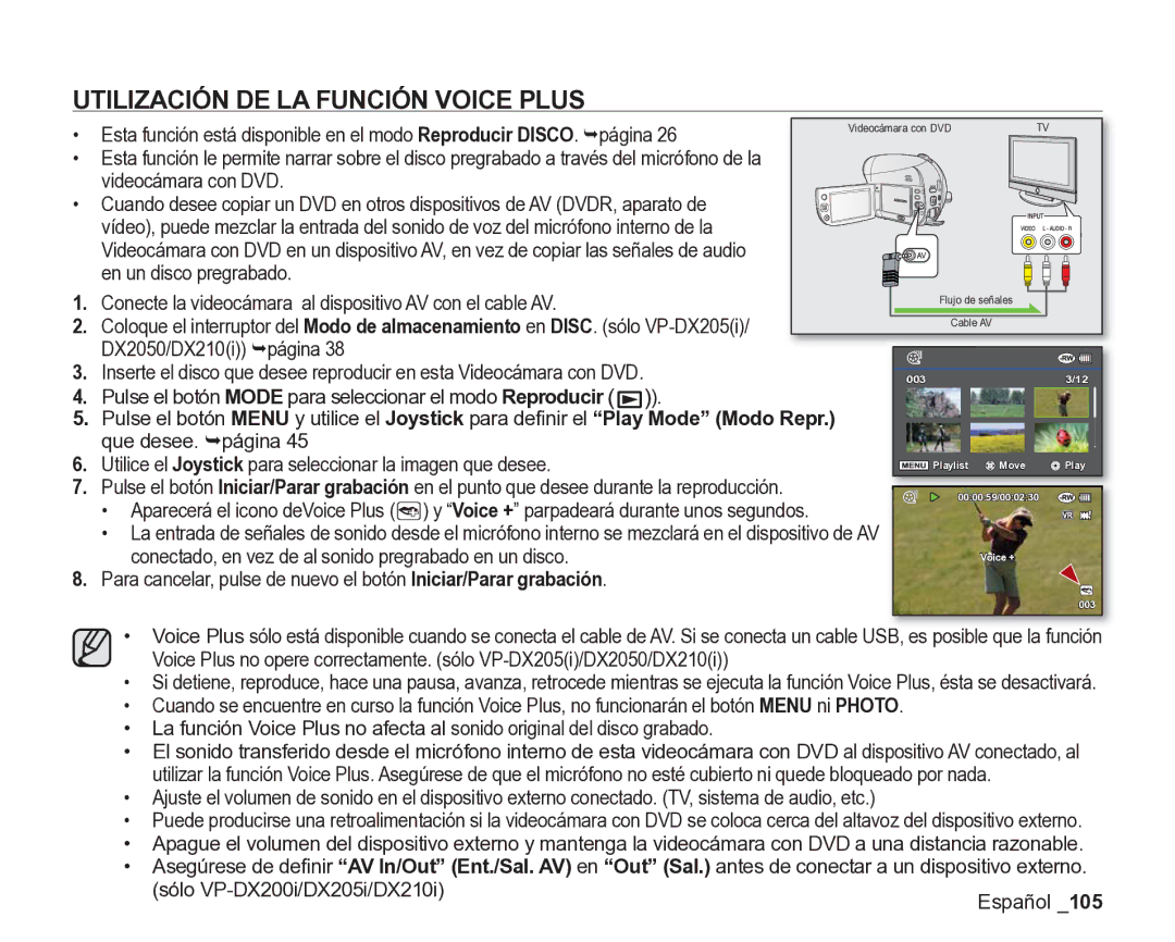 Samsung VP-DX200/EDC manual Utilización DE LA Función Voice Plus, Conectado, en vez de al sonido pregrabado en un disco 