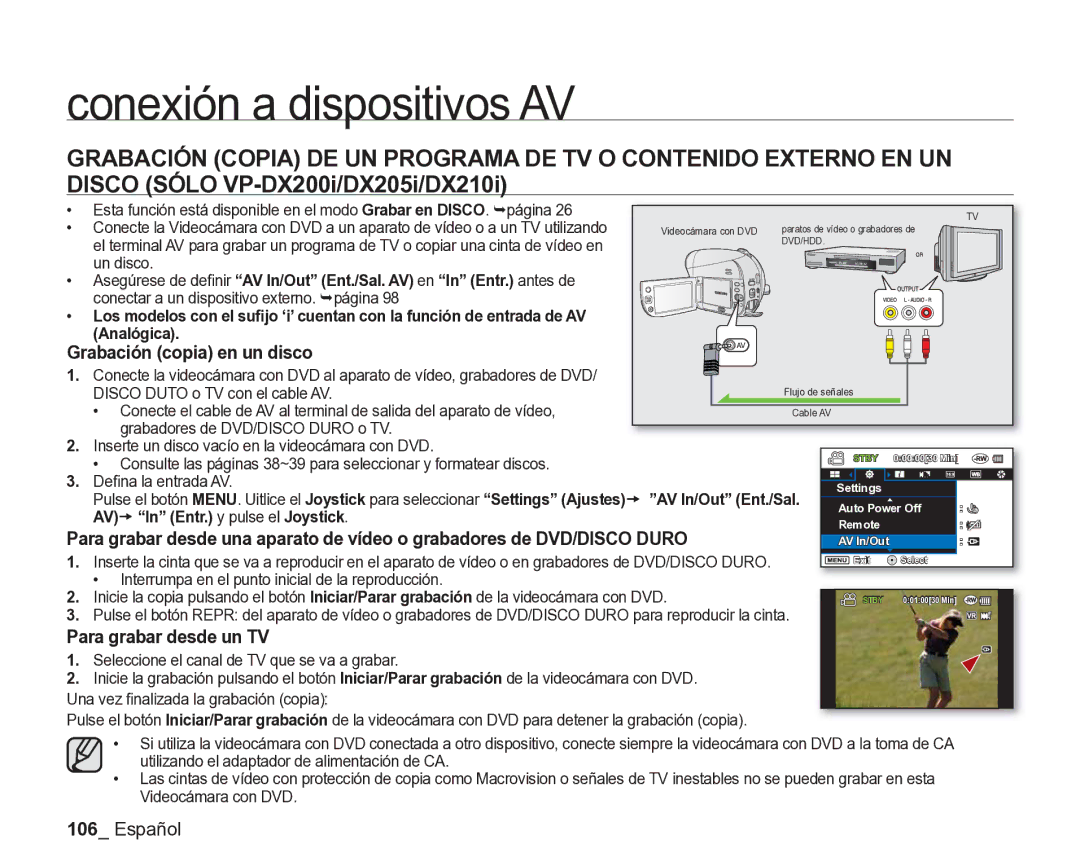 Samsung VP-DX205/EDC, VP-DX200/EDC Grabación copia en un disco, Para grabar desde un TV, AVt In Entr. y pulse el Joystick 