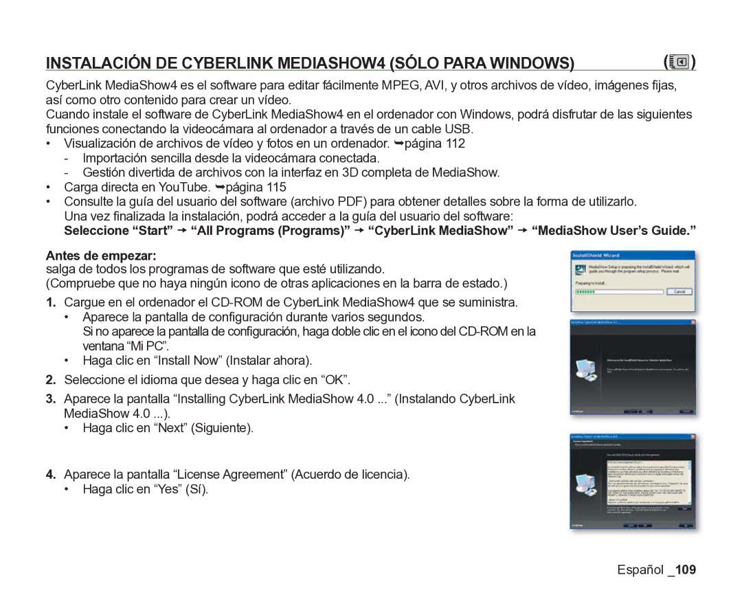 Samsung VP-DX200/EDC, VP-DX205/EDC manual Instalación DE Cyberlink MEDIASHOW4 Sólo Para Windows, Antes de empezar 