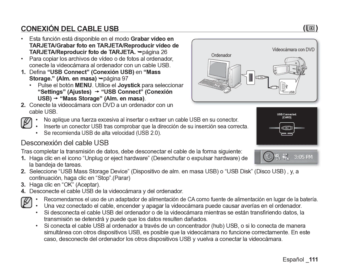 Samsung VP-DX200/EDC, VP-DX205/EDC manual Conexión DEL Cable USB, Desconexión del cable USB 