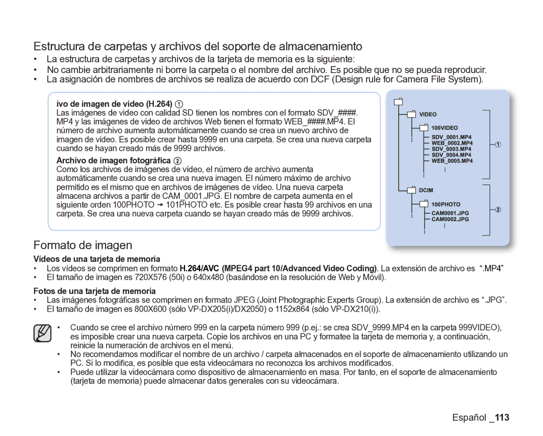 Samsung VP-DX200/EDC, VP-DX205/EDC manual Formato de imagen, Ivo de imagen de video H.264, Archivo de imagen fotográﬁca 