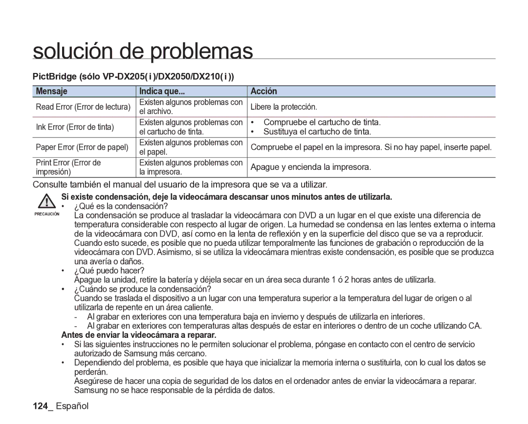 Samsung VP-DX205/EDC, VP-DX200/EDC manual Antes de enviar la videocámara a reparar, Paper Error Error de papel 