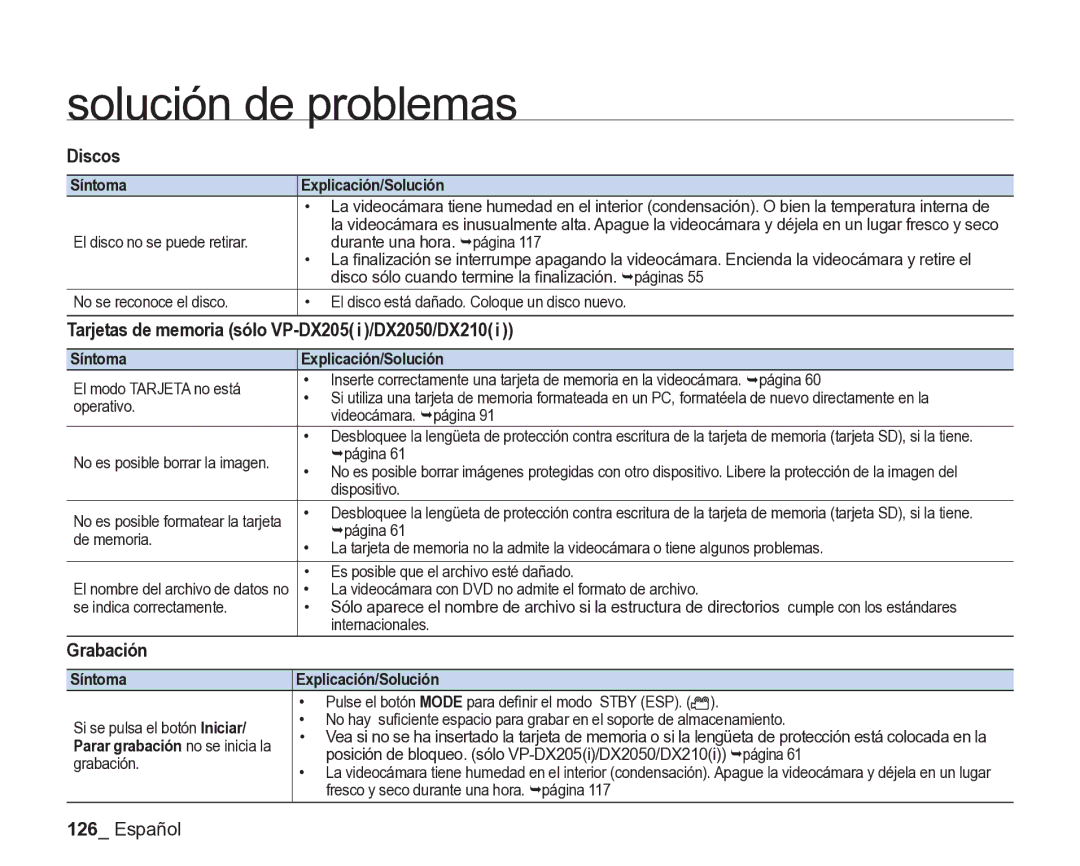 Samsung VP-DX205/EDC, VP-DX200/EDC manual Tarjetas de memoria sólo VP-DX205i/DX2050/DX210i, Grabación 