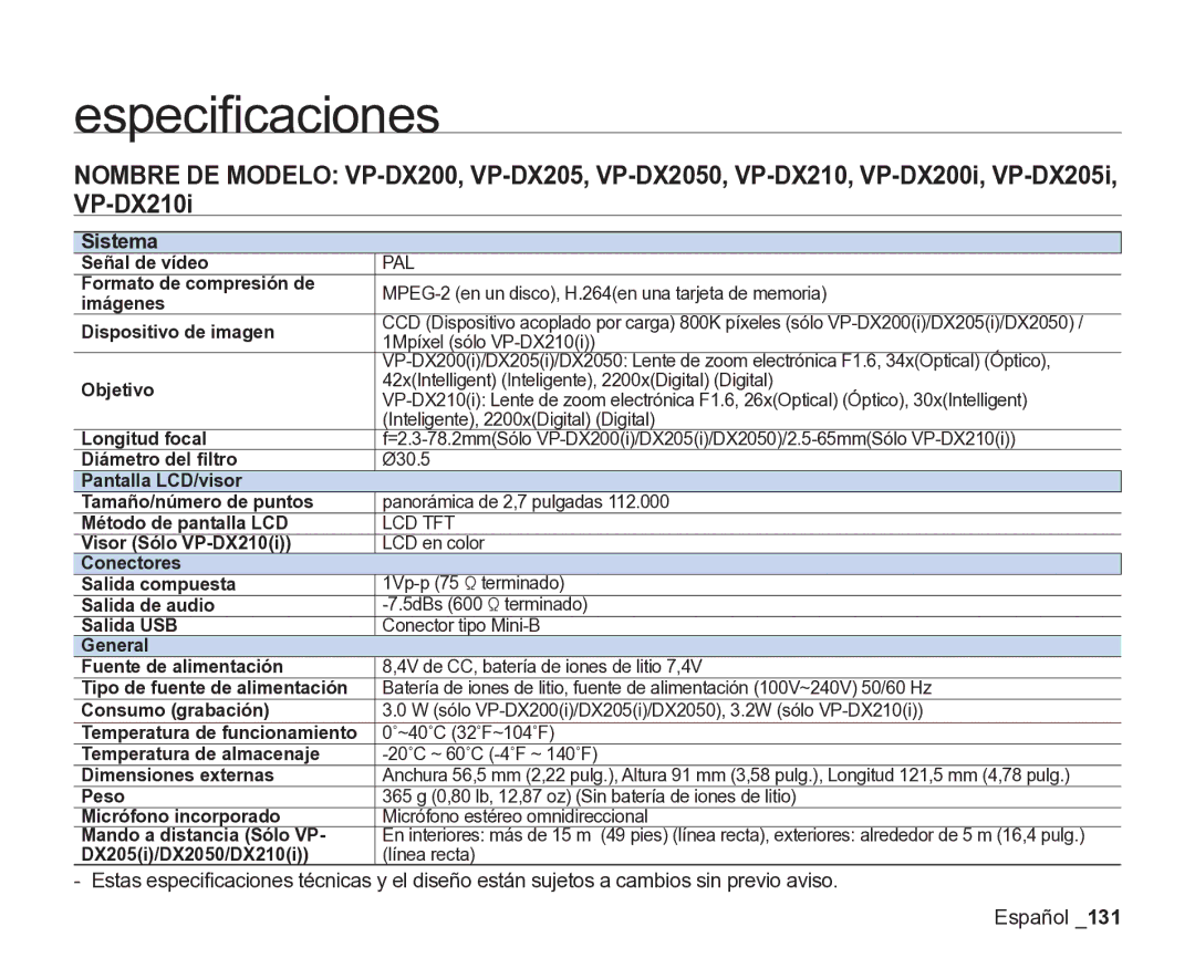 Samsung VP-DX200/EDC, VP-DX205/EDC manual Especiﬁcaciones, Sistema 