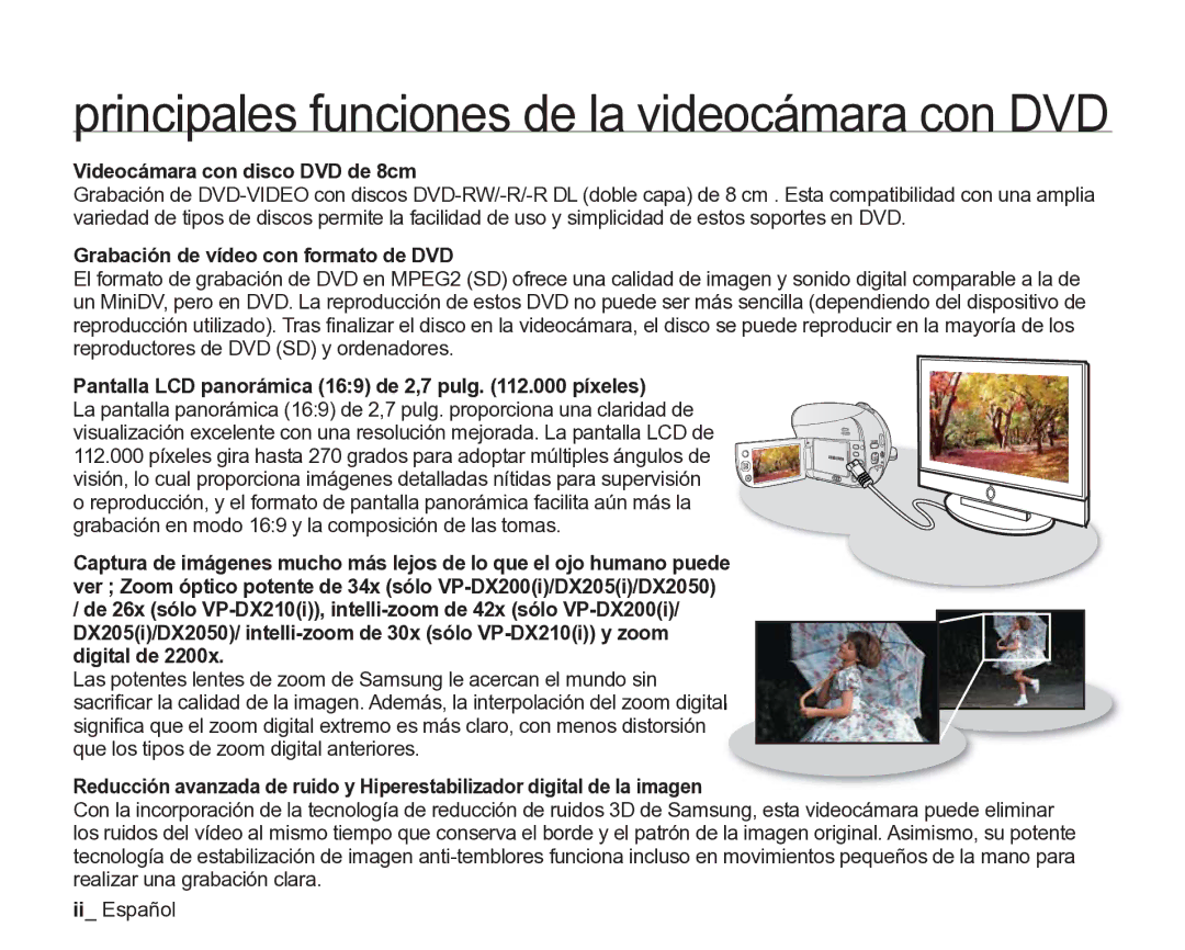 Samsung VP-DX205/EDC, VP-DX200/EDC manual Videocámara con disco DVD de 8cm, Grabación de vídeo con formato de DVD 