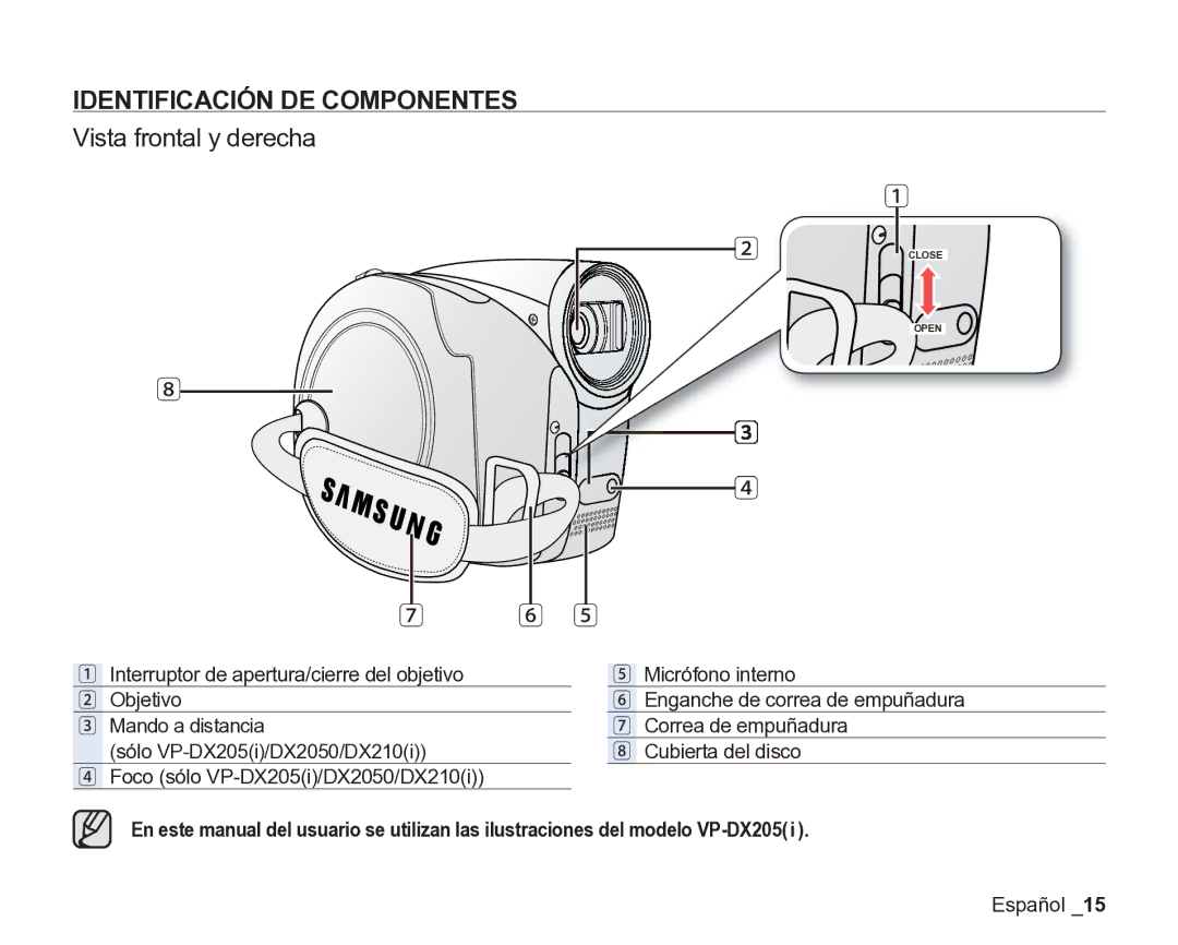 Samsung VP-DX200/EDC, VP-DX205/EDC manual Identificación DE Componentes, Vista frontal y derecha 