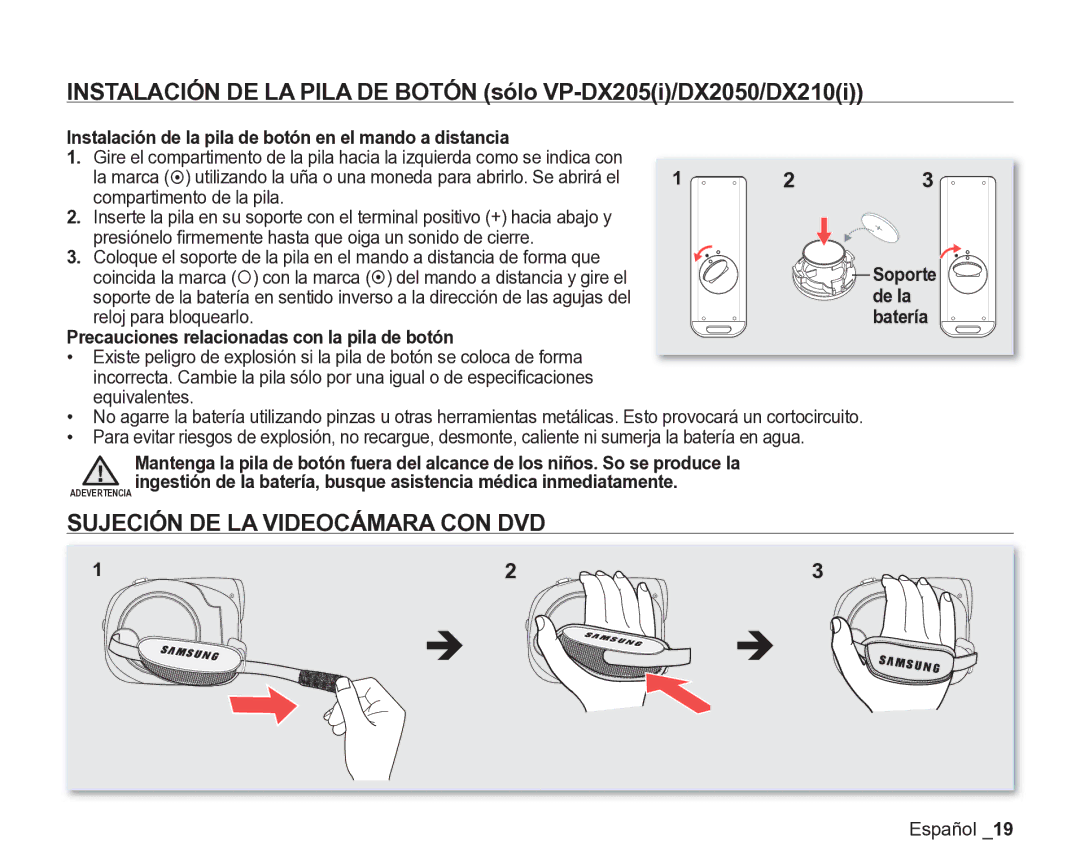 Samsung VP-DX200/EDC Sujeción DE LA Videocámara CON DVD, Instalación de la pila de botón en el mando a distancia, De la 