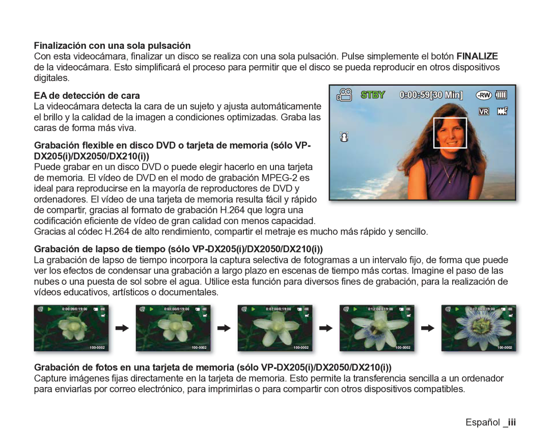 Samsung VP-DX200/EDC, VP-DX205/EDC manual Finalización con una sola pulsación, EA de detección de cara, Español 