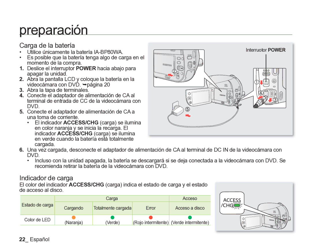 Samsung VP-DX205/EDC, VP-DX200/EDC manual Carga de la batería, Indicador de carga, Carga Acceso, Cargando, Naranja 