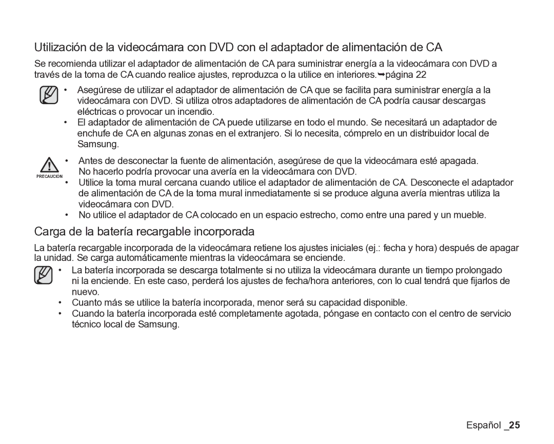 Samsung VP-DX200/EDC, VP-DX205/EDC manual Carga de la batería recargable incorporada, Videocámara con DVD 