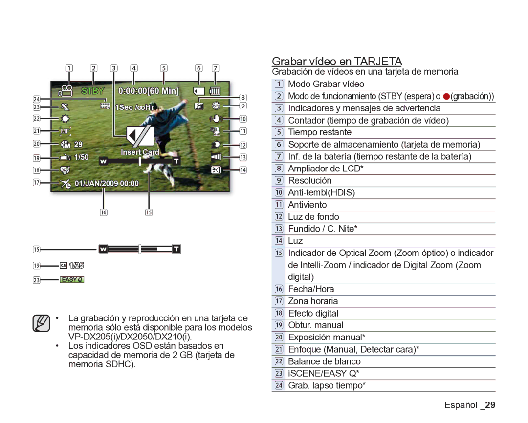 Samsung VP-DX200/EDC, VP-DX205/EDC manual Grabar vídeo en Tarjeta 