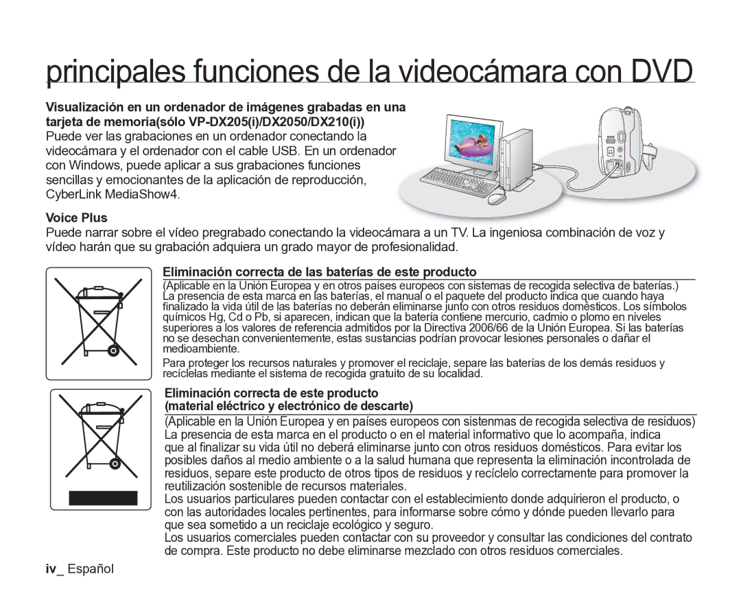 Samsung VP-DX205/EDC, VP-DX200/EDC manual Eliminación correcta de las baterías de este producto, Iv Español 