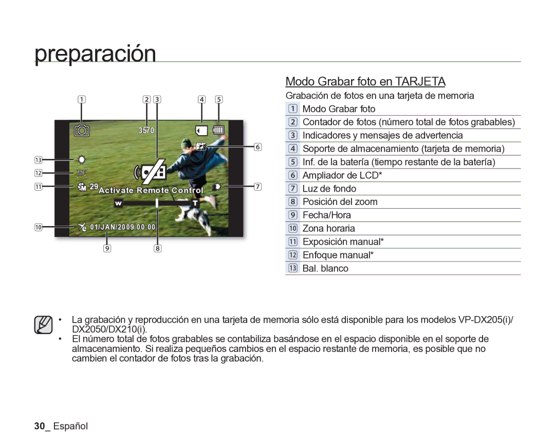 Samsung VP-DX205/EDC, VP-DX200/EDC manual Modo Grabar foto en Tarjeta 