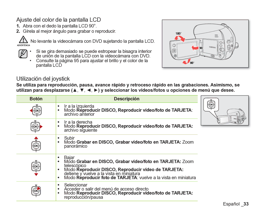 Samsung VP-DX200/EDC, VP-DX205/EDC manual Ajuste del color de la pantalla LCD, Utilización del joystick, Botón Descripción 