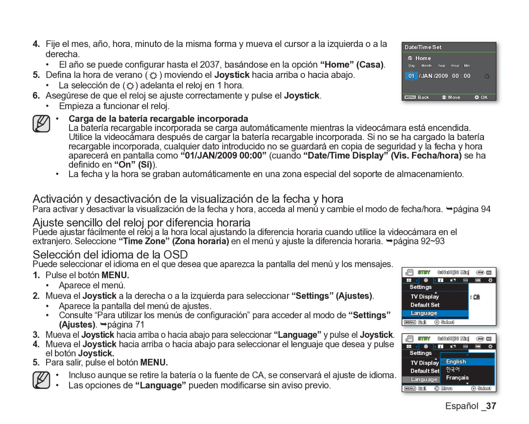 Samsung VP-DX200/EDC, VP-DX205/EDC manual Ajuste sencillo del reloj por diferencia horaria, Selección del idioma de la OSD 