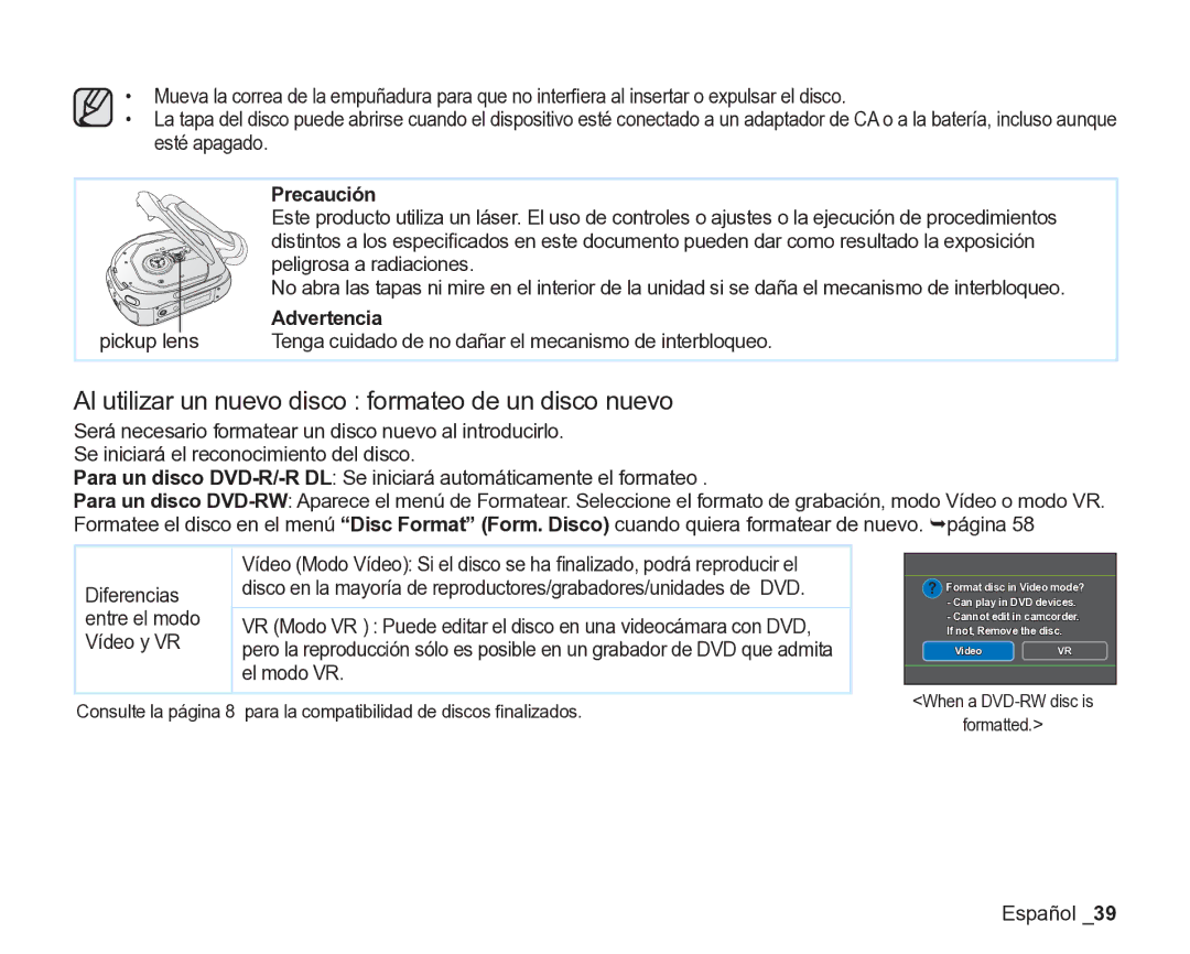 Samsung VP-DX200/EDC, VP-DX205/EDC manual Al utilizar un nuevo disco formateo de un disco nuevo 