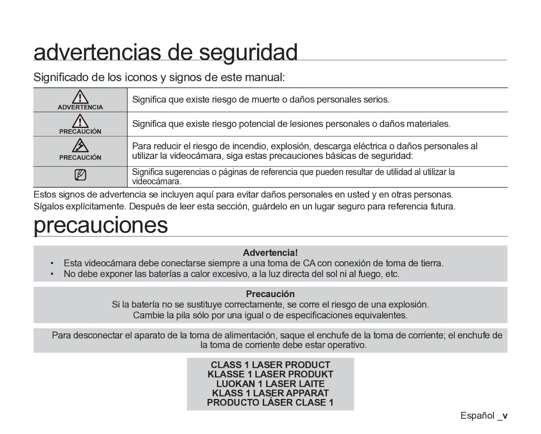 Samsung VP-DX200/EDC Advertencias de seguridad, Precauciones, Signiﬁcado de los iconos y signos de este manual, Precaución 