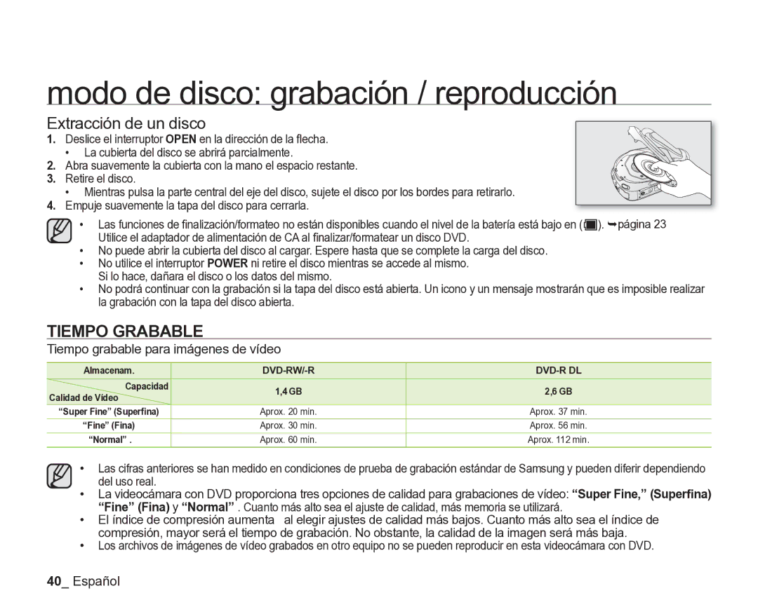 Samsung VP-DX205/EDC, VP-DX200/EDC manual Extracción de un disco, Tiempo Grabable, Tiempo grabable para imágenes de vídeo 