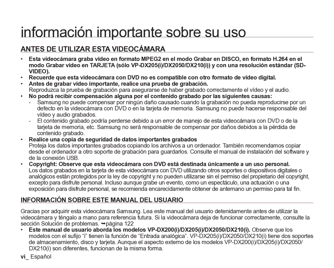 Samsung VP-DX205/EDC, VP-DX200/EDC Información importante sobre su uso, Antes DE Utilizar Esta Videocámara, Vi Español 