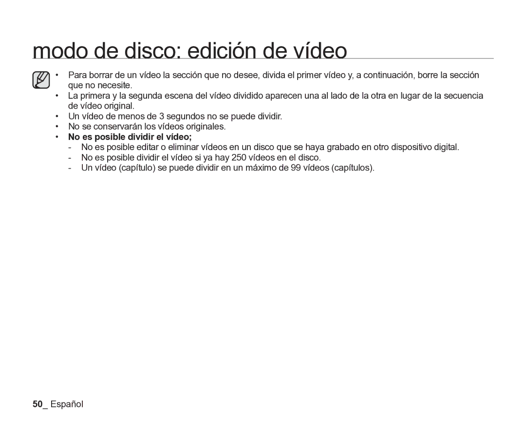 Samsung VP-DX205/EDC, VP-DX200/EDC manual No es posible dividir el vídeo 