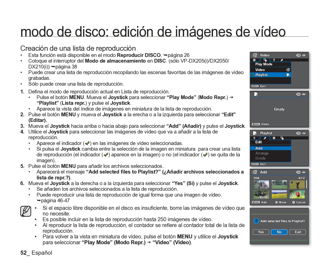 Samsung VP-DX205/EDC, VP-DX200/EDC manual Modo de disco edición de imágenes de vídeo, Creación de una lista de reproducción 