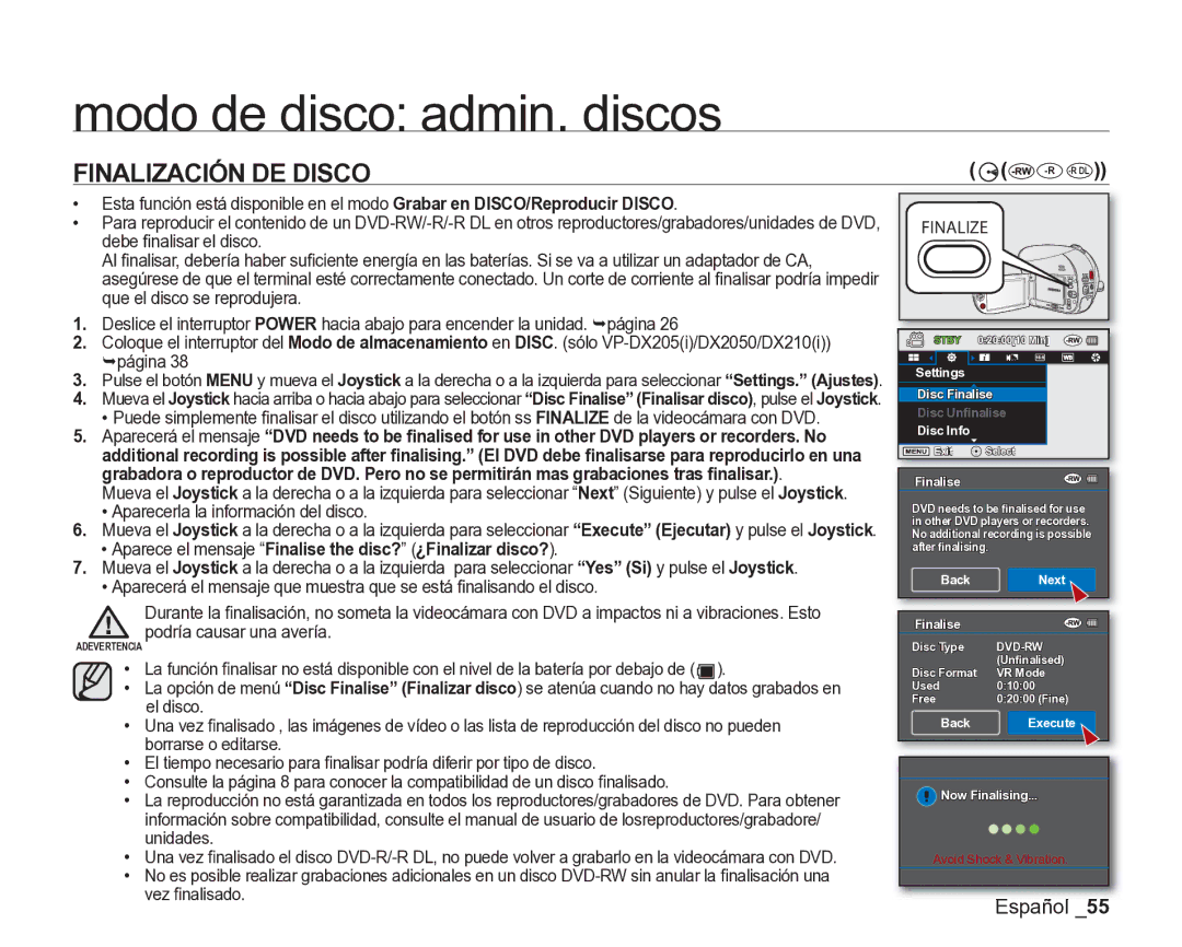 Samsung VP-DX200/EDC, VP-DX205/EDC manual Modo de disco admin. discos, Finalización DE Disco 