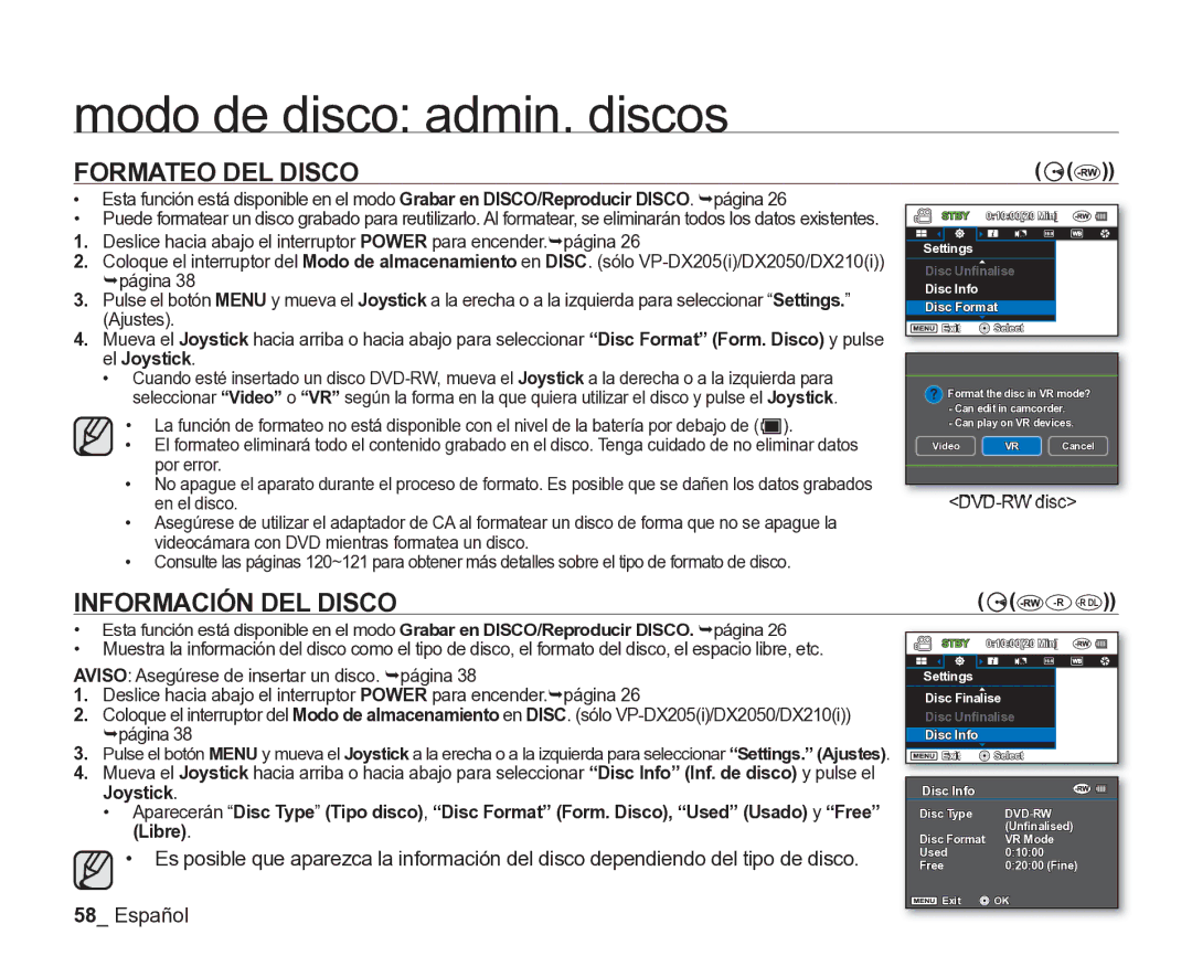 Samsung VP-DX205/EDC, VP-DX200/EDC manual Formateo DEL Disco, Información DEL Disco, El Joystick, Libre 