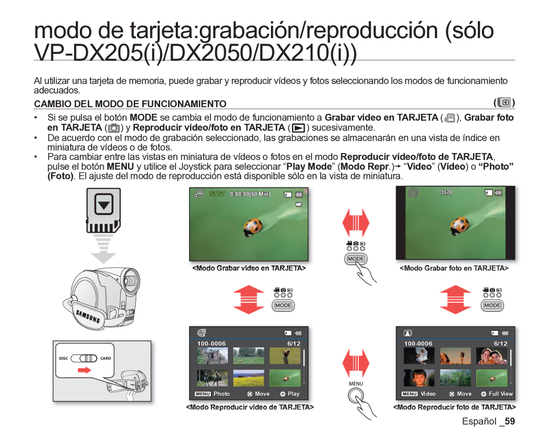 Samsung VP-DX200/EDC, VP-DX205/EDC manual Cambio DEL Modo DE Funcionamiento 